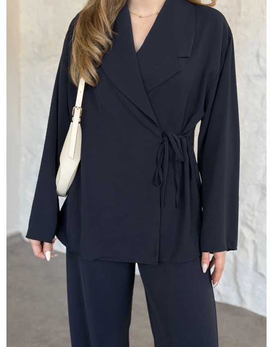 Premium viskon keten yandan bağlamalı takım lacivert
