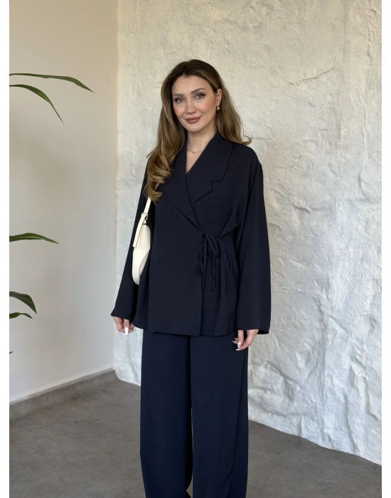 Premium viskon keten yandan bağlamalı takım lacivert