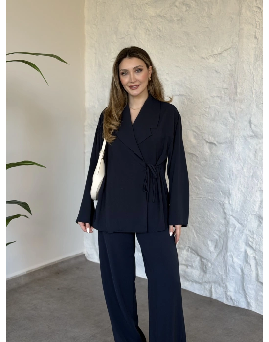 Premium viskon keten yandan bağlamalı takım lacivert