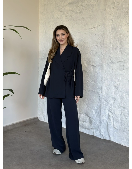 Premium viskon keten yandan bağlamalı takım lacivert