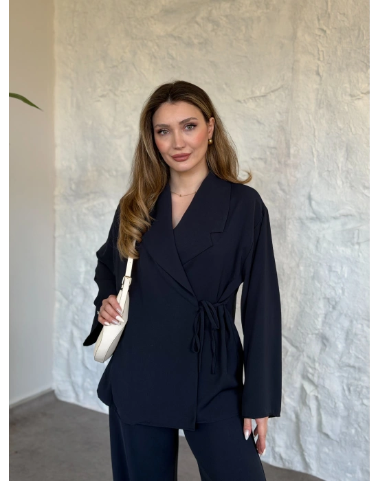 Premium viskon keten yandan bağlamalı takım lacivert