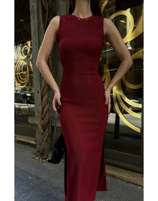 Bisiklet yaka sıfır kol uzun basic elbise bordo