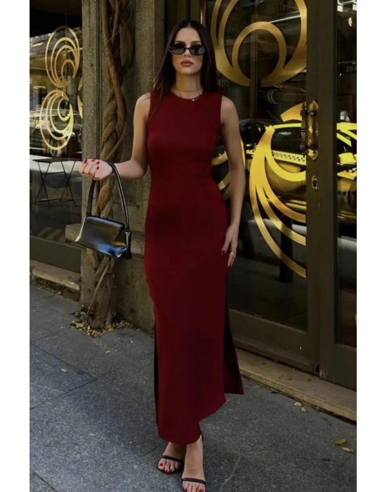 Bisiklet yaka sıfır kol uzun basic elbise bordo
