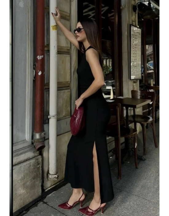 Bisiklet yaka sıfır kol uzun basic elbise siyah