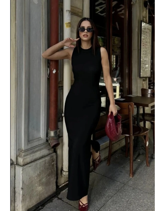 Bisiklet yaka sıfır kol uzun basic elbise siyah