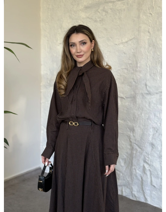 Keten pitikare kemerli etekli takım kahve