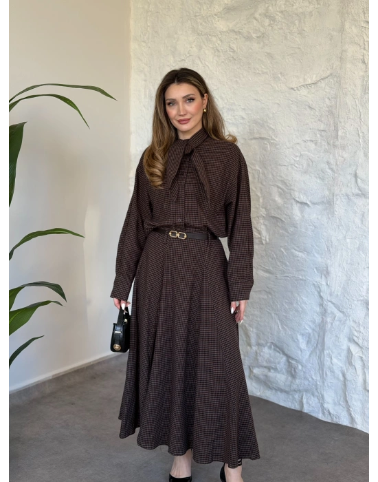 Keten pitikare kemerli etekli takım kahve