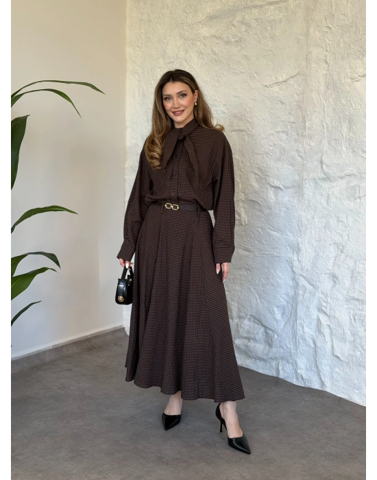 Keten pitikare kemerli etekli takım kahve