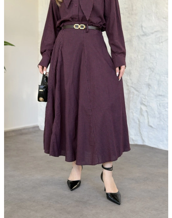 Keten pitikare kemerli etekli takım bordo