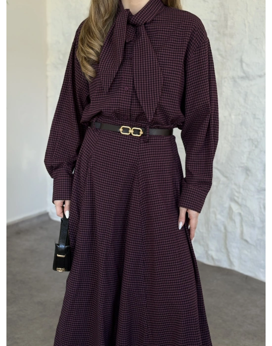 Keten pitikare kemerli etekli takım bordo