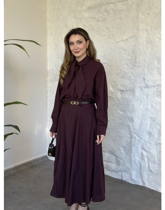 Keten pitikare kemerli etekli takım bordo