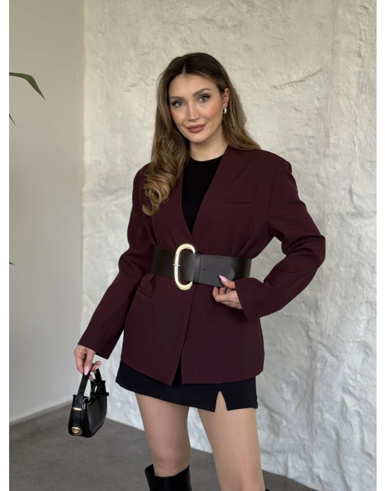 Düğmesiz geniş kemerli blazer ceket bordo