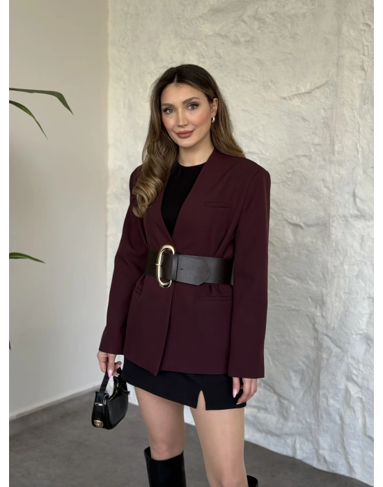 Düğmesiz geniş kemerli blazer ceket bordo