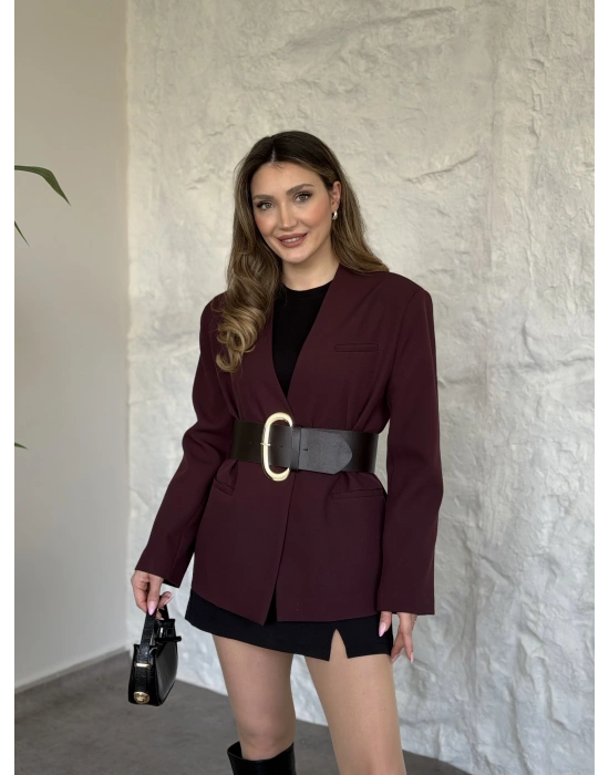 Düğmesiz geniş kemerli blazer ceket bordo