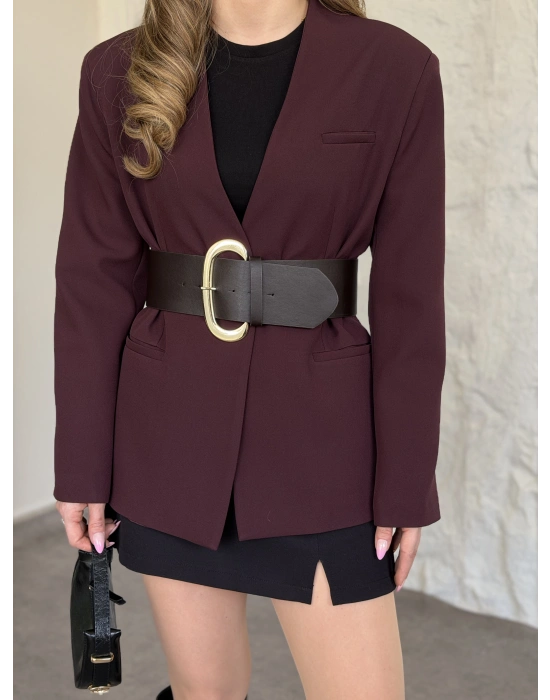 Düğmesiz geniş kemerli blazer ceket bordo