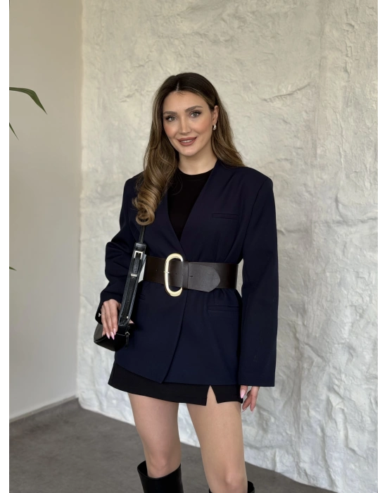 Düğmesiz geniş kemerli blazer ceket lacivert