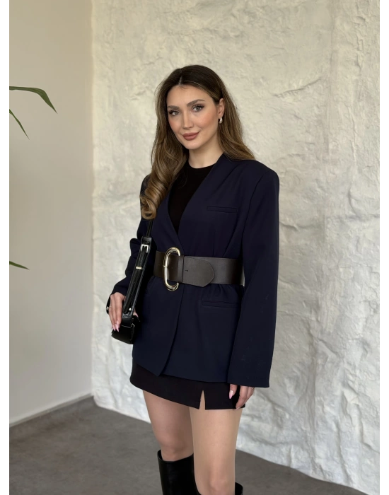 Düğmesiz geniş kemerli blazer ceket lacivert