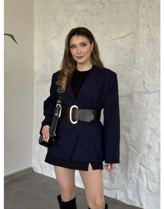 Düğmesiz geniş kemerli blazer ceket lacivert