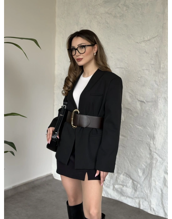 Düğmesiz geniş kemerli blazer ceket siyah