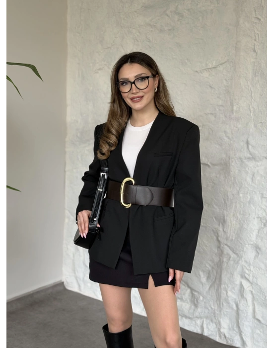Düğmesiz geniş kemerli blazer ceket siyah