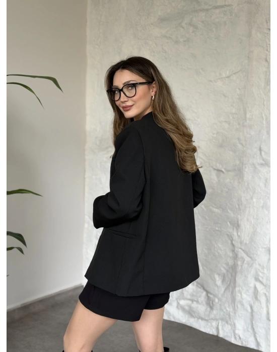 Düğmesiz geniş kemerli blazer ceket siyah