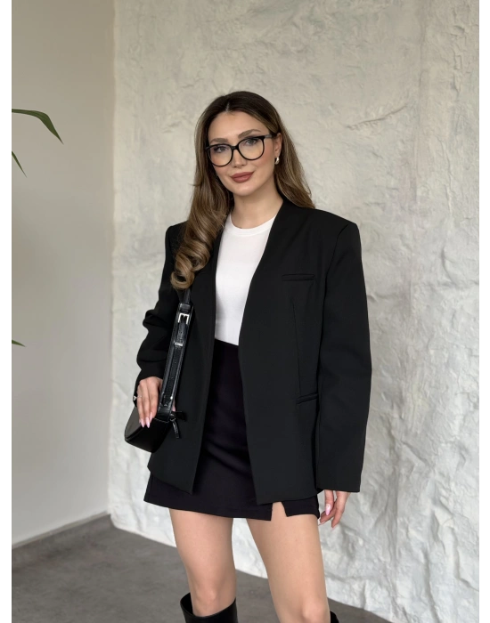 Düğmesiz geniş kemerli blazer ceket siyah