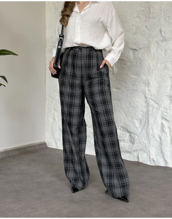 Düğmeli ekose desenli pantolon siyah