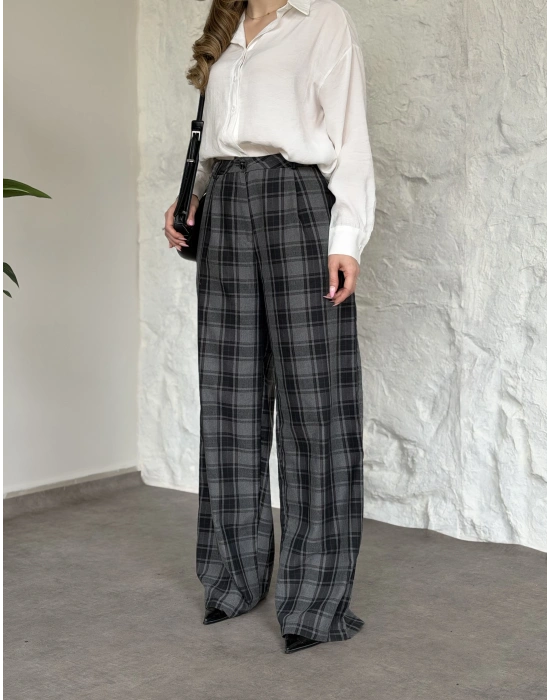 Düğmeli ekose desenli pantolon siyah