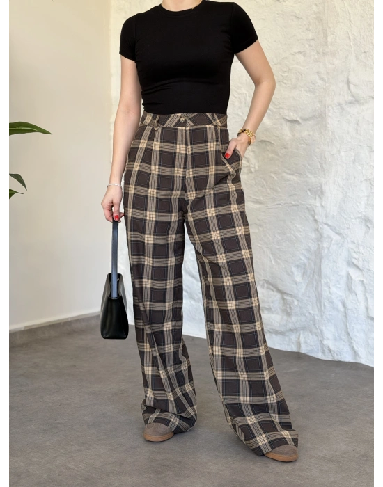 Düğmeli ekose desenli pantolon kahve