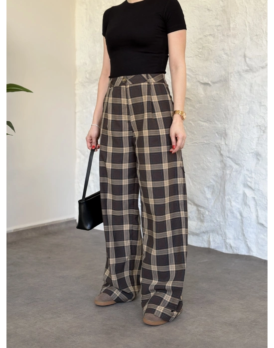 Düğmeli ekose desenli pantolon kahve