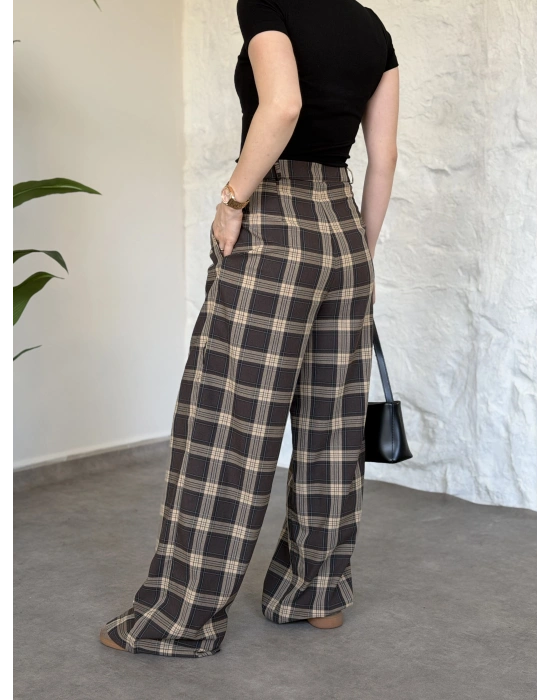 Düğmeli ekose desenli pantolon kahve