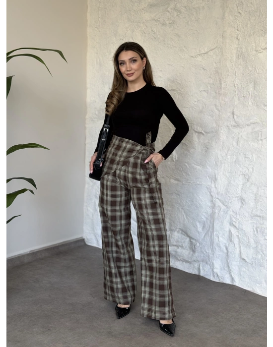 Marka model beli fularlı ekose pantolon yeşil