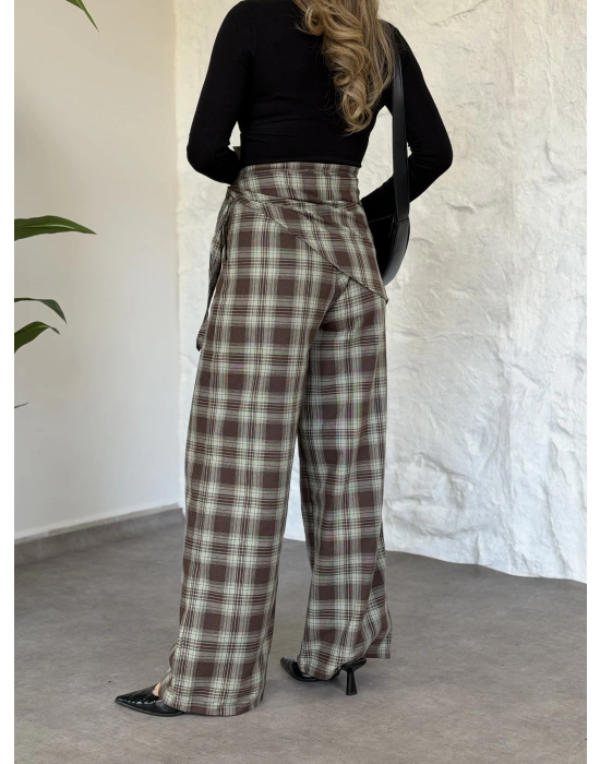 Marka model beli fularlı ekose pantolon yeşil