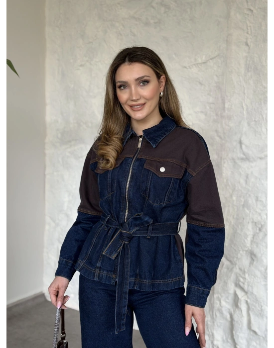 Kahve detaylı belinden kemerli denim takım