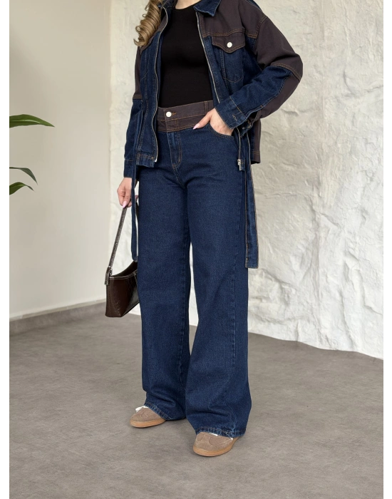 Kahve detaylı belinden kemerli denim takım