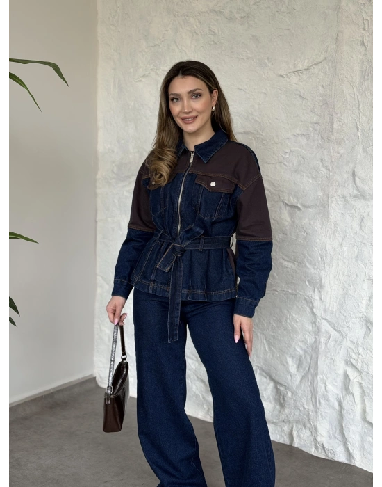 Kahve detaylı belinden kemerli denim takım