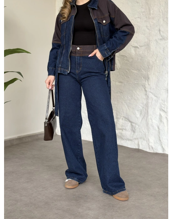 Kahve detaylı belinden kemerli denim takım