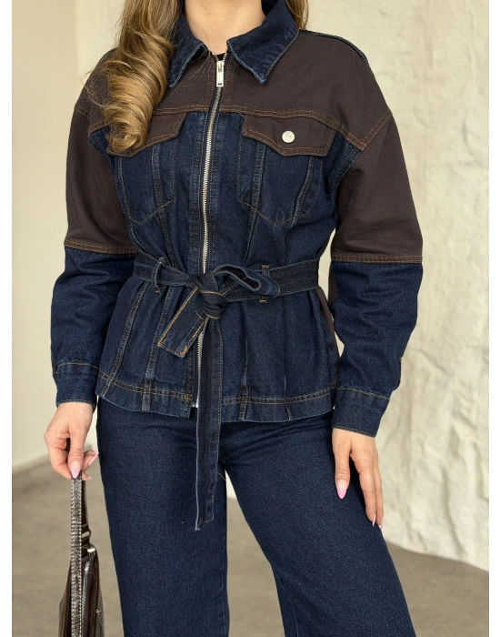 Kahve detaylı belinden kemerli denim takım