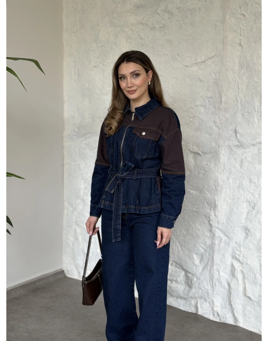 Kahve detaylı belinden kemerli denim takım