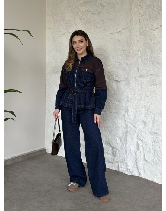 Kahve detaylı belinden kemerli denim takım