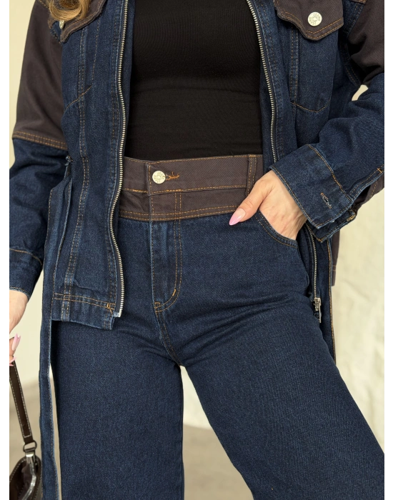 Kahve detaylı belinden kemerli denim takım