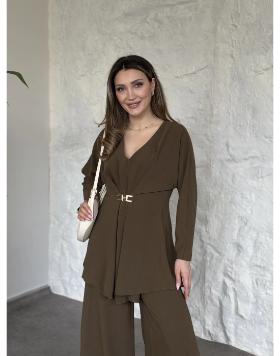Bel toka detaylı latina takım zeytin yeşili