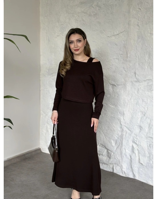 Modal kumaş crop üstlü ikili elbise kahve