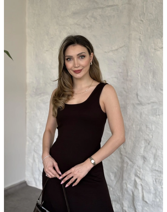 Modal kumaş crop üstlü ikili elbise kahve