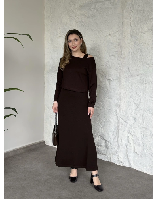 Modal kumaş crop üstlü ikili elbise kahve