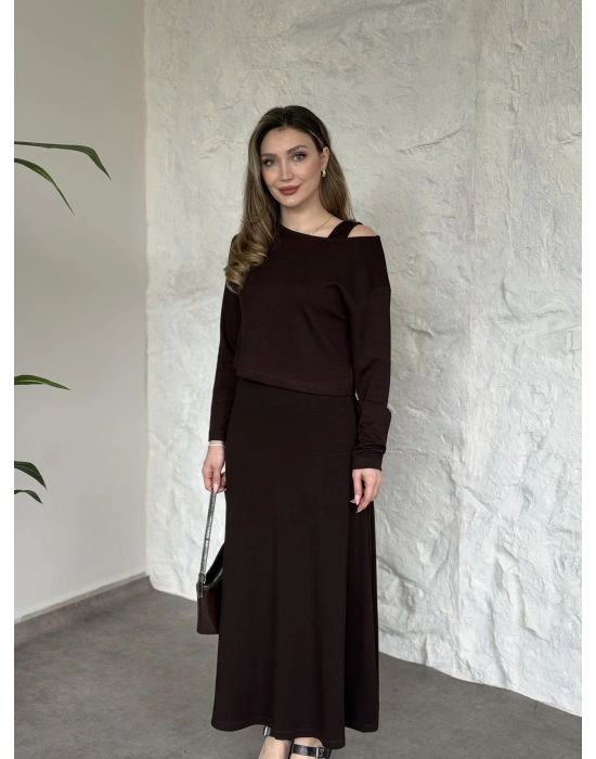 Modal kumaş crop üstlü ikili elbise kahve