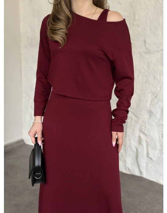 Modal kumaş crop üstlü ikili elbise bordo