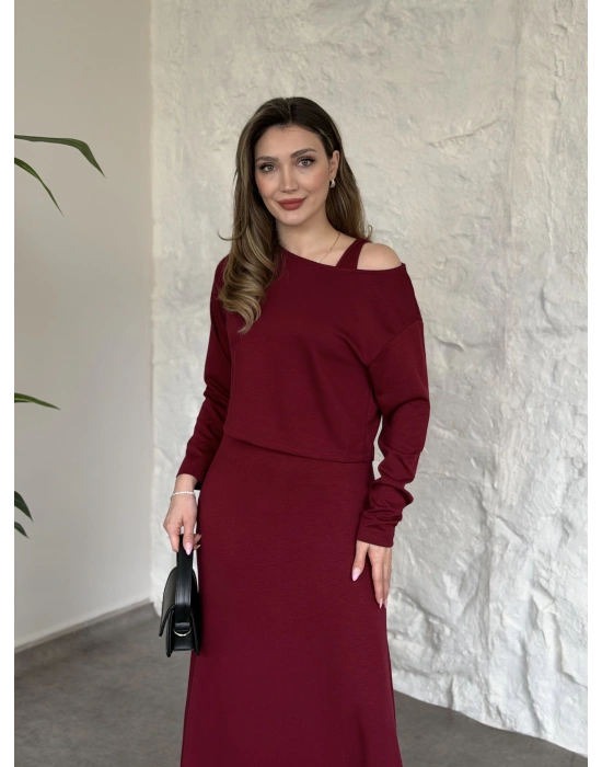 Modal kumaş crop üstlü ikili elbise bordo