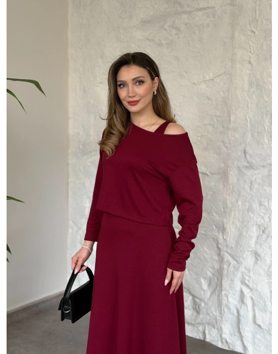 Modal kumaş crop üstlü ikili elbise bordo