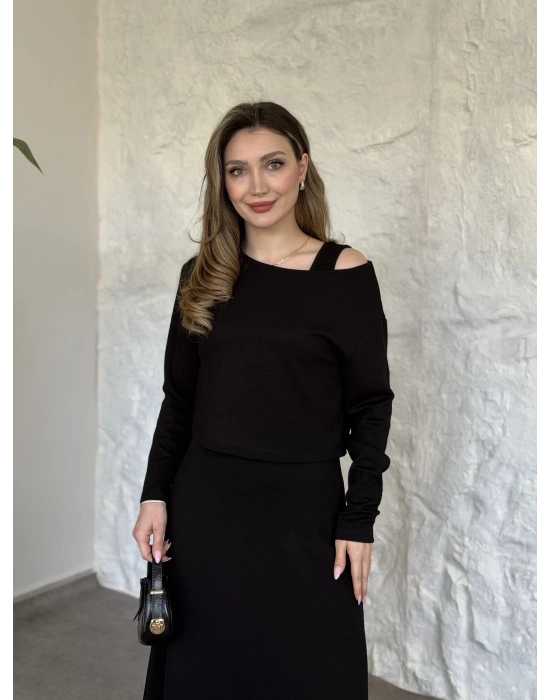 Modal kumaş crop üstlü ikili elbise siyah